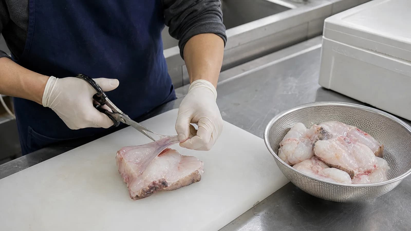 수산 주방 작업대에서 가위로 아구의 얇은 막을 손질하는 점주