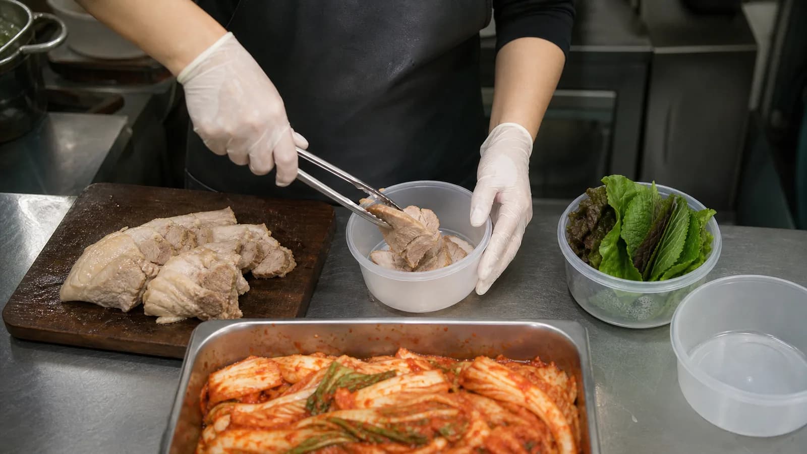 삶은 수육과 김치와 채소를 여러 포장 용기에 나누어 담는 점주