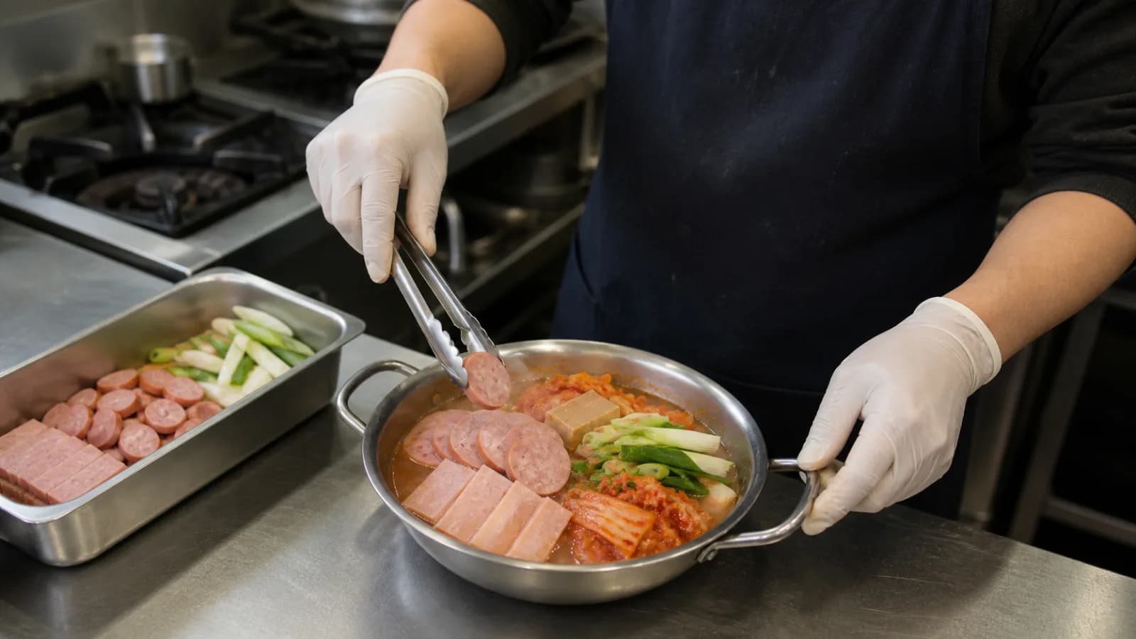 햄과 김치와 두부와 대파를 정량으로 담아 부대찌개를 준비하는 점주