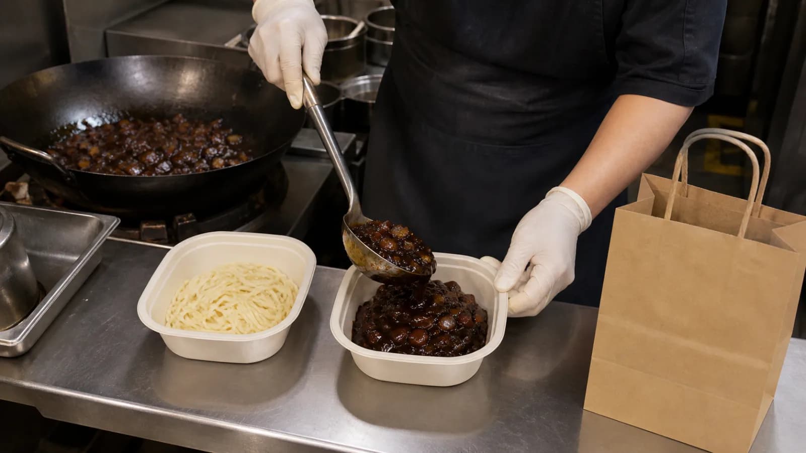 중식당 주방에서 면과 짜장 소스를 나누어 배달 용기에 포장하는 점주