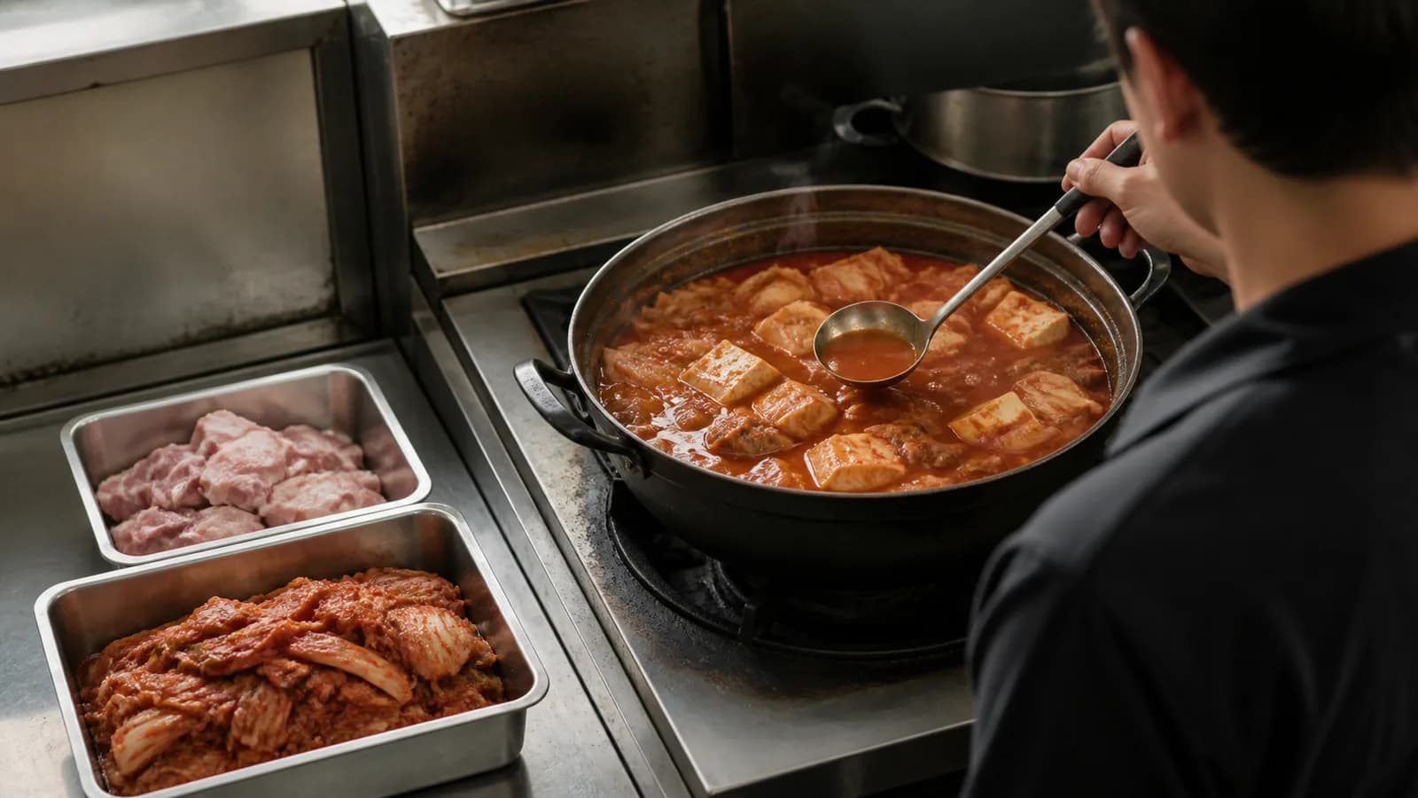 김치와 돼지고기 상태를 끓는 김치찌개와 함께 확인하는 조리자