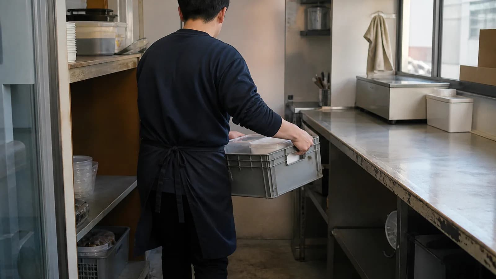 좁은 작업공간에서 보관 선반의 상자를 작업대로 옮기는 운영자