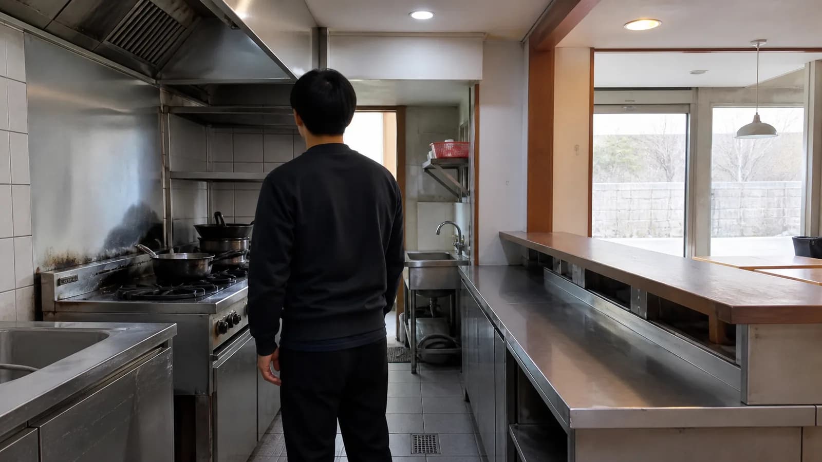 계약 전 후보 식당의 후드와 싱크대 사이 주방 동선을 점검하는 창업자